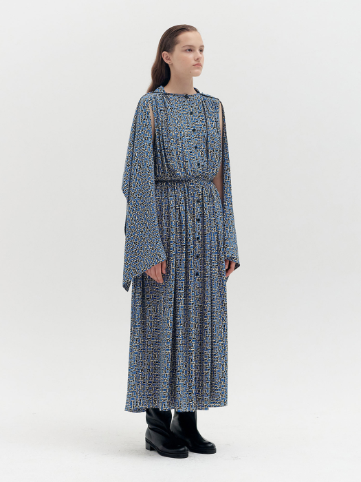 QUENBY Tie-detailed Shirt Dress - Blue Multi
