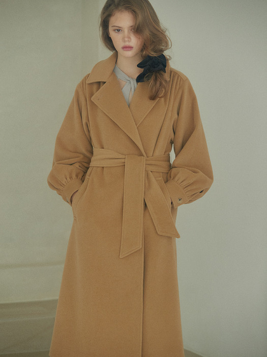 shirring-sleeve hooded wool-blend angora coat