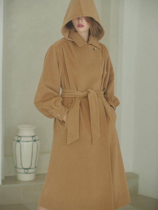 shirring-sleeve hooded wool-blend angora coat