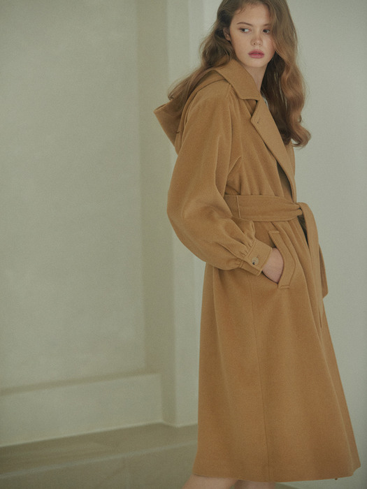 shirring-sleeve hooded wool-blend angora coat