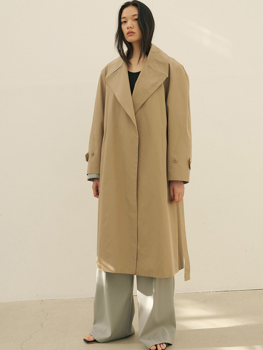 STITCH DETAILED LONG TRENCH COAT (KHAKI)