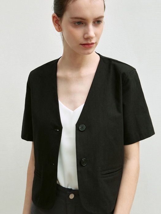 NOCOLLAR HALF SLEEVE JACKET_OATMEAL