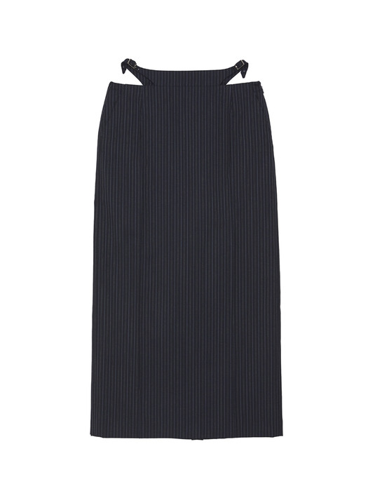 Pin Tuck Pantie Belt Long Skirt  / Navy Pin Stripe