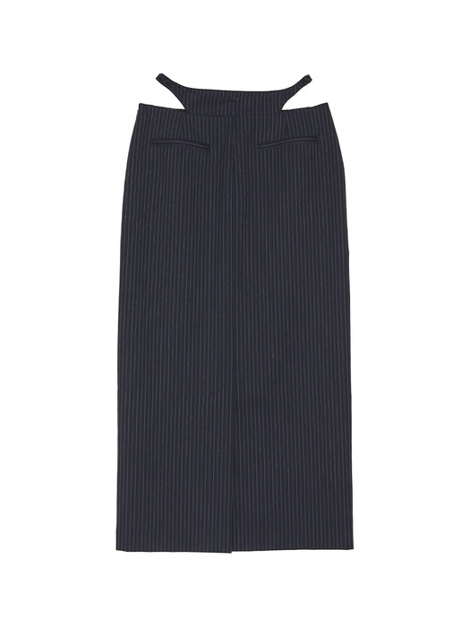Pin Tuck Pantie Belt Long Skirt  / Navy Pin Stripe