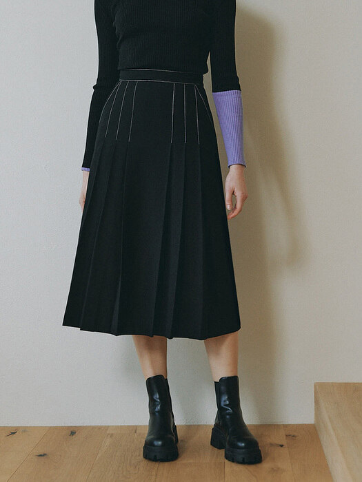 STITCH PLEATS SKIRT_BLACK (EEOO3SKR02W)