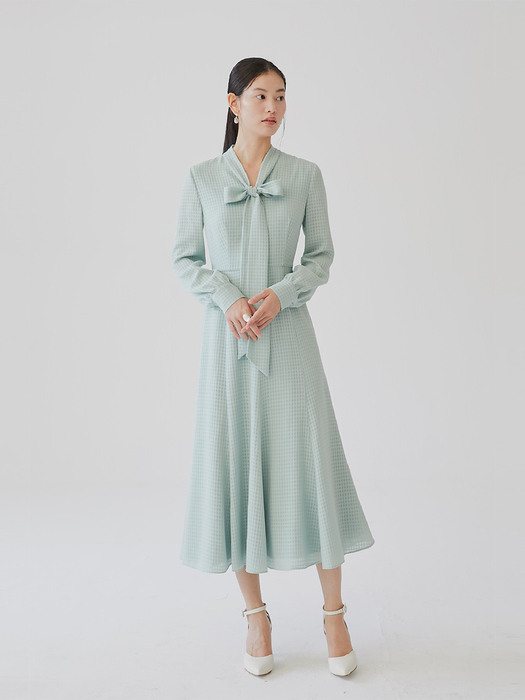 [미전시]KATE Ribbon tie long sleeve check dress (Mint)