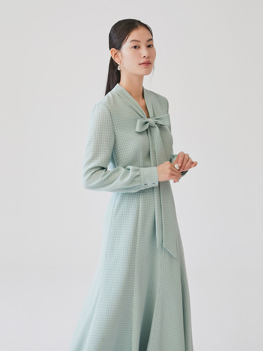 [미전시]KATE Ribbon tie long sleeve check dress (Mint)