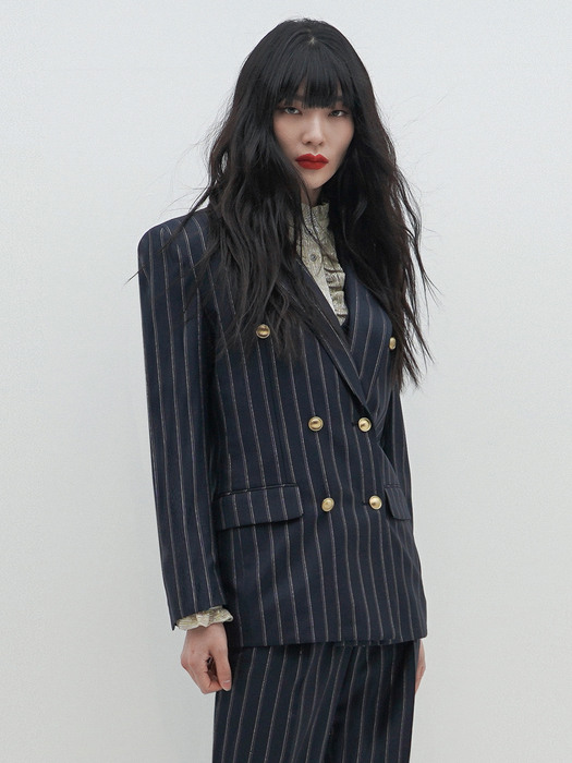 Pinstriped Wool-Silk Double-Breasted Jacket(WOMAN)_UTH-SB23