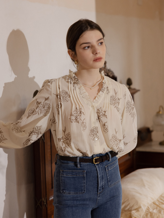 ODILE frill neck embroidered shirt_cream