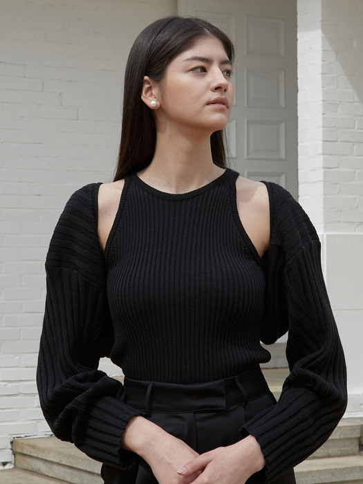 OU879 (SET) combi cotton bolero + sleeveless knit (black)