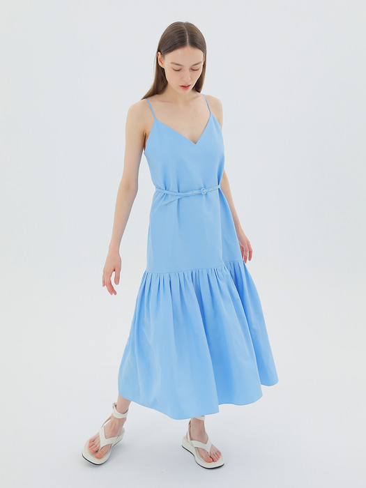 Belted Linen-Blend Midi Dress Blue