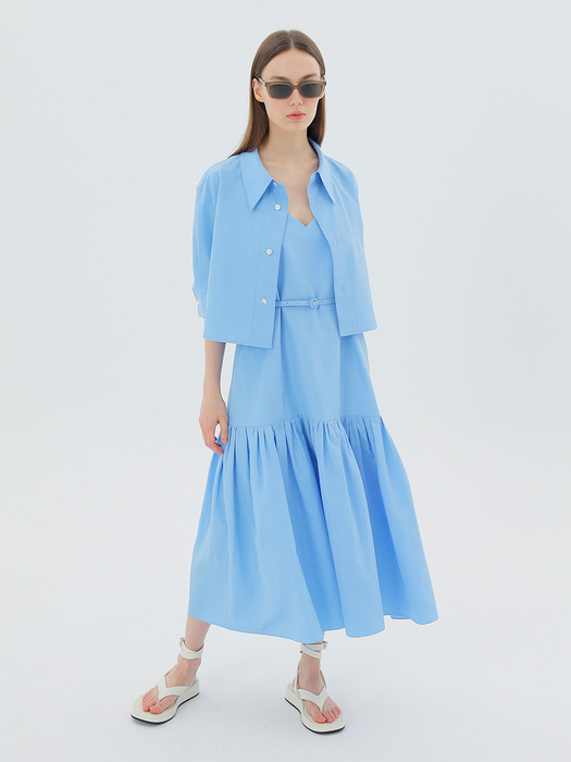 Belted Linen-Blend Midi Dress Blue