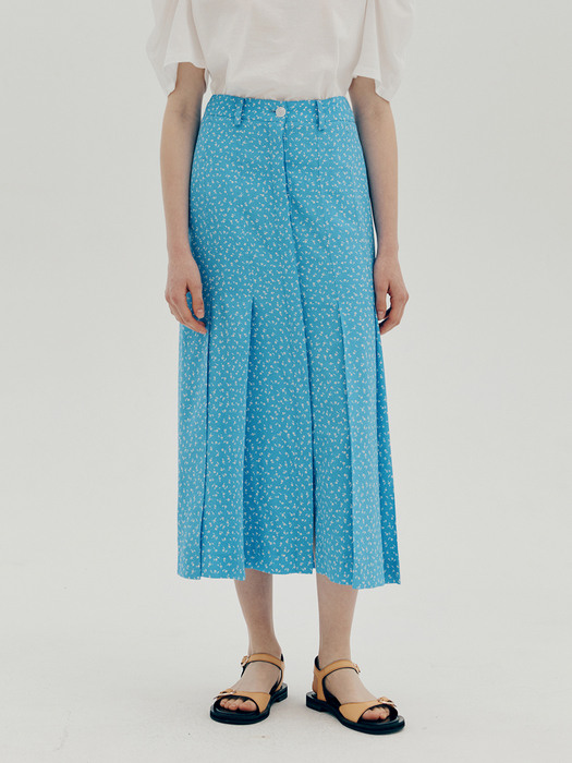 Pleated long slit skirt - Blue flower