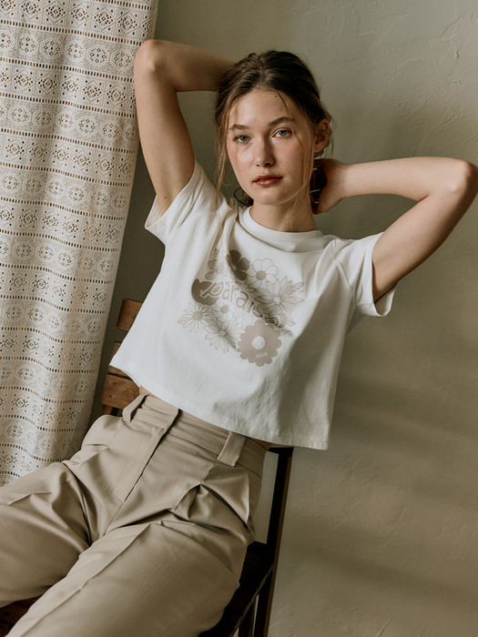 FLOWER PRINT CROPPED T-SHIRT [Ivory]