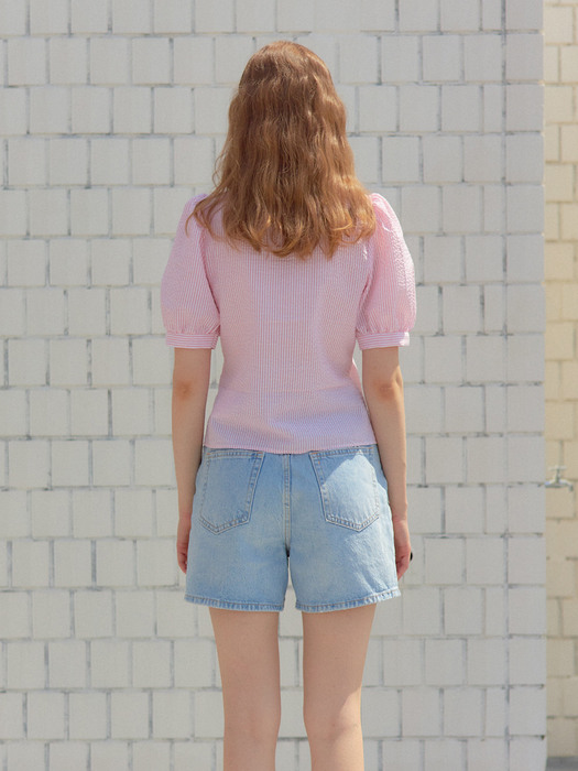 HEART NECK HALF SLEEVES SHIRRING BLOUSE_PINK