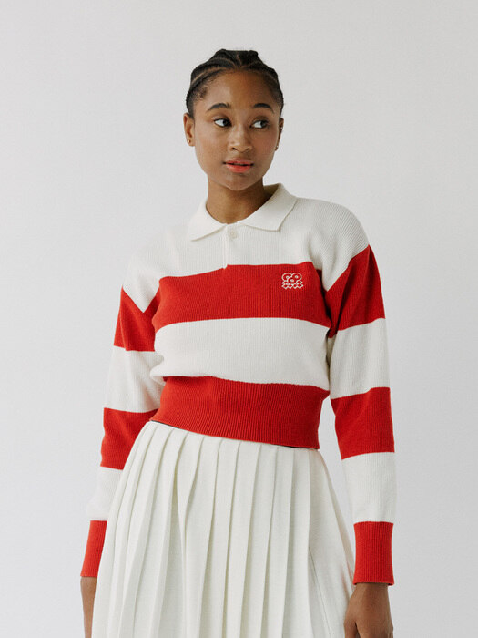  Stripe Collar knit Red (Women)