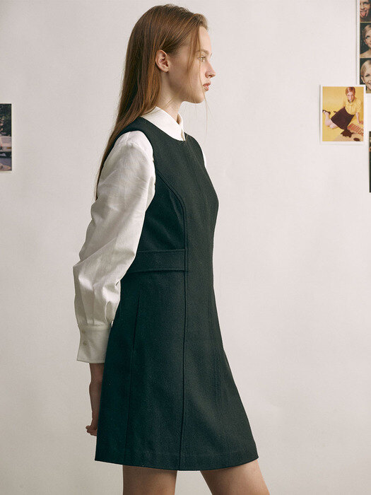 [N][SET]MOLESEY Round collar shirt (White) + FULHAM Semi a-line mini dress (Black)