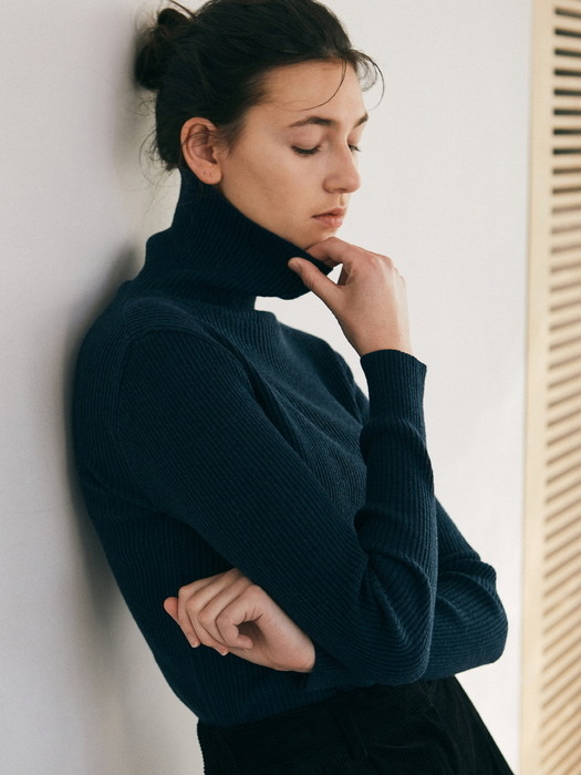 SLIM RIBBED TURTLENECK KNIT_OATMEAL