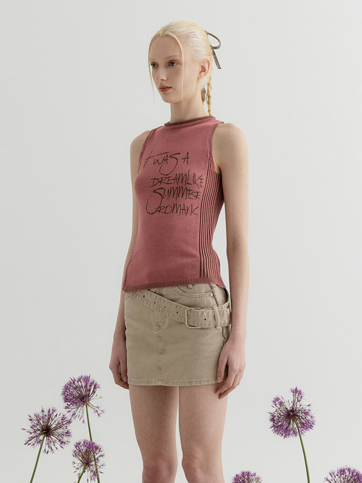 TWO TONE LETTERING SLEEVELESS KNIT TOP - PINK