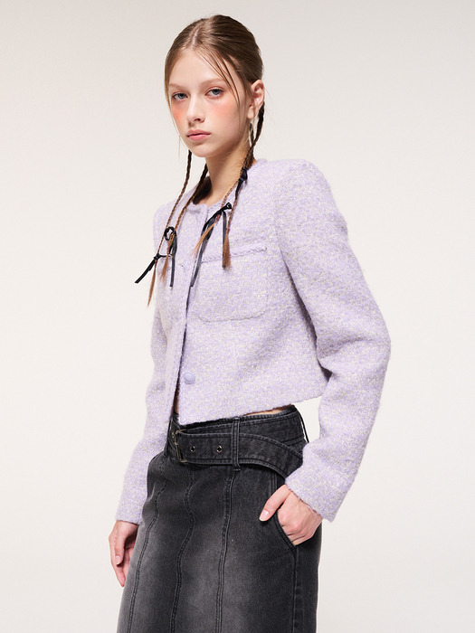 Round Trimmed Tweed Jacket, Light Lavender