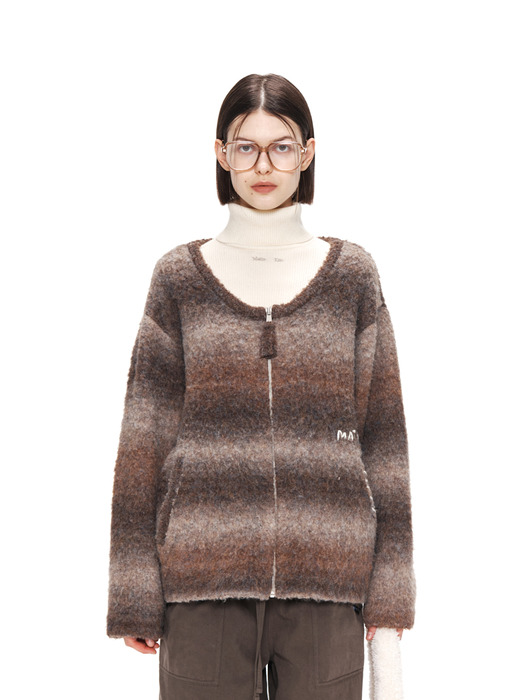 GRADATION KNIT ZIP UP CARDIGAN IN BROWN