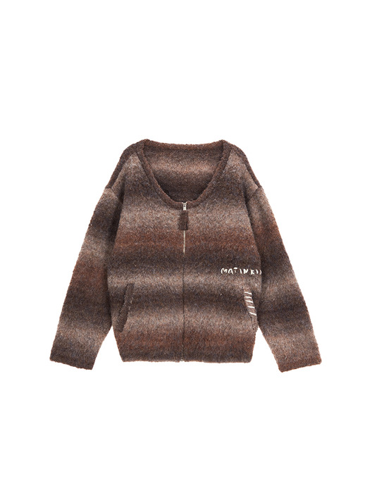 GRADATION KNIT ZIP UP CARDIGAN IN BROWN