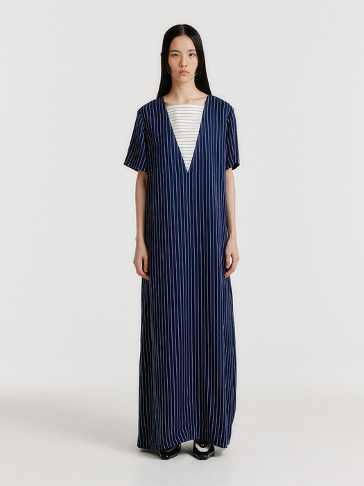 YIANA Short Sleeve Maxi Dress - Navy Stripe