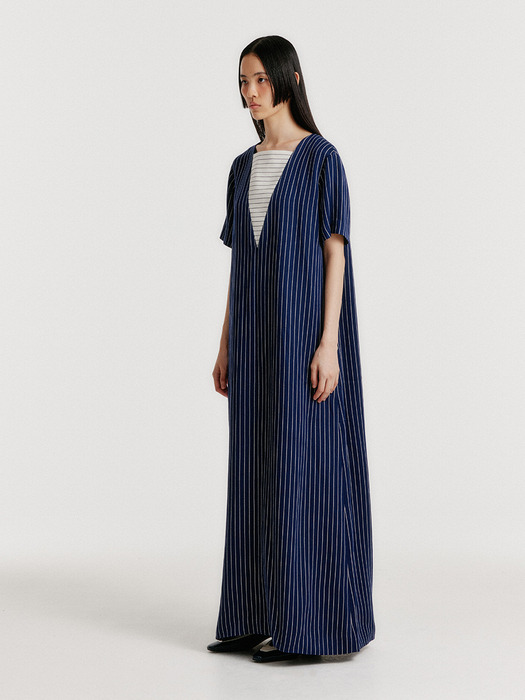 YIANA Short Sleeve Maxi Dress - Navy Stripe