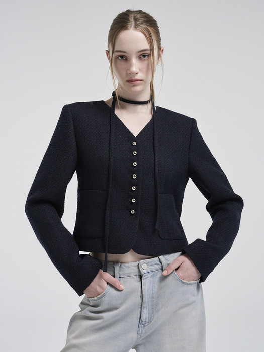 V-Neck Strap Tweed Jacket, Dark Navy