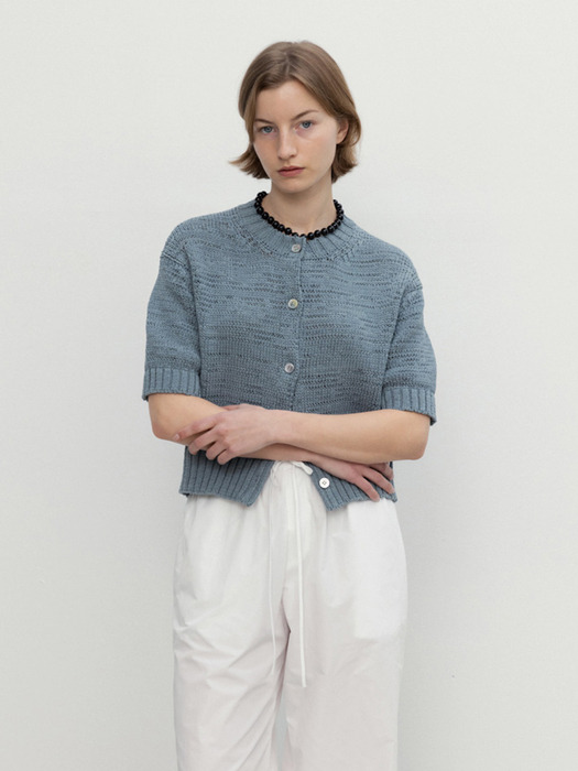 Cotton short sleeve cardigan (ivory / blue / khaki)