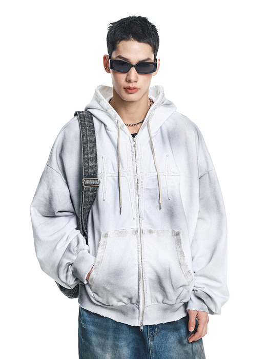 Washed Patch Overfit Hooded Zip-Up - White