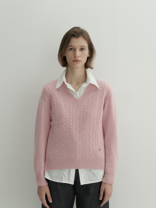 Cashmere 100% Sara Cable Pullover (Dust Pink)