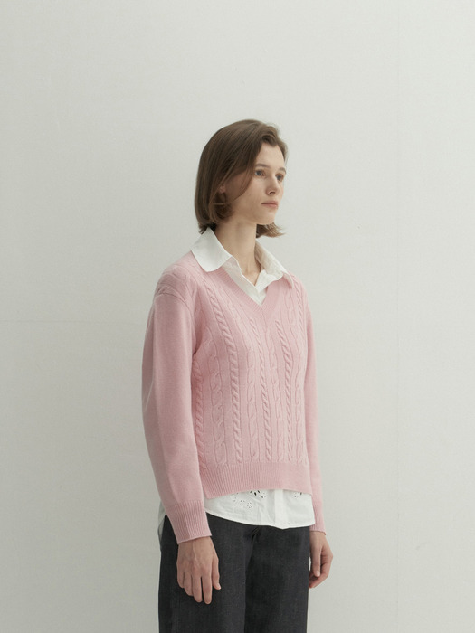 Cashmere 100% Sara Cable Pullover (Dust Pink)