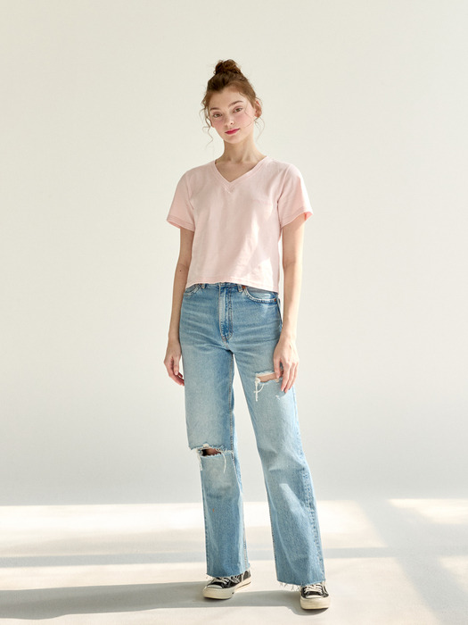 로얄 크롭 브이넥 티셔츠 핑크