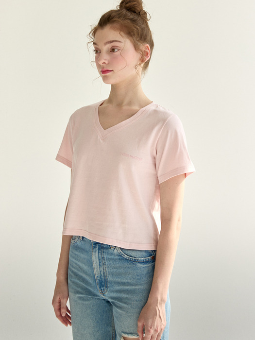 로얄 크롭 브이넥 티셔츠 핑크