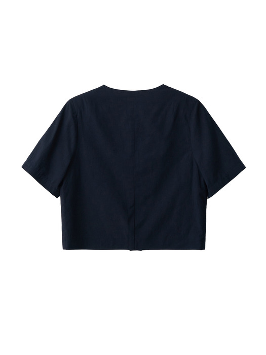 Collarless Linen Crop Jacket - Navy