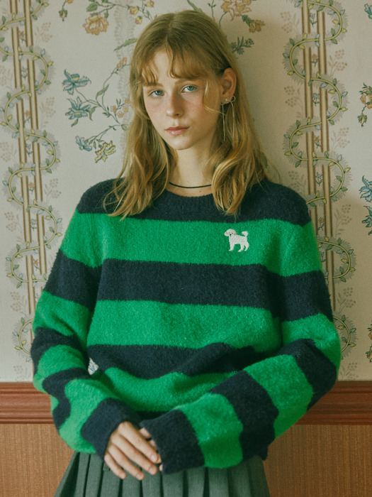 Poodle-poodle Wool Stripe Knit Top_green navy