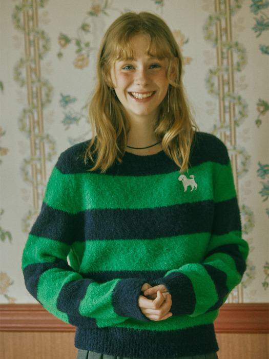 Poodle-poodle Wool Stripe Knit Top_green navy