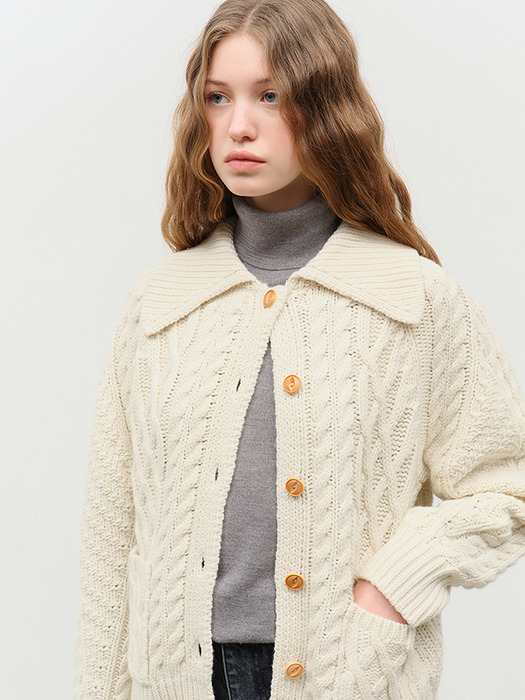 UNISEX FISHERMAN KNIT CARDIGAN IVORY_UDSW4D129IV