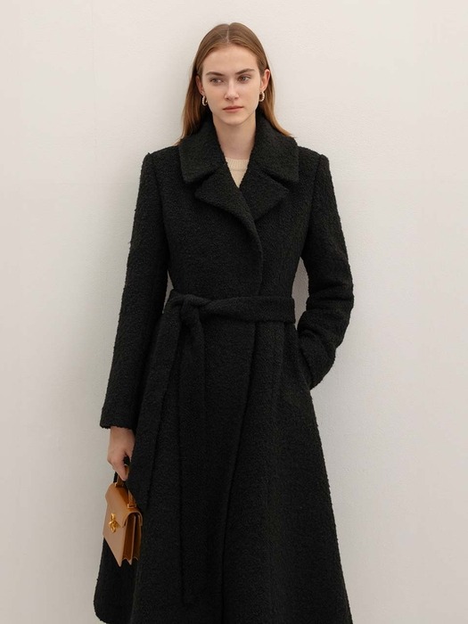 HARMONY Belted flared boucle long coat (Black)