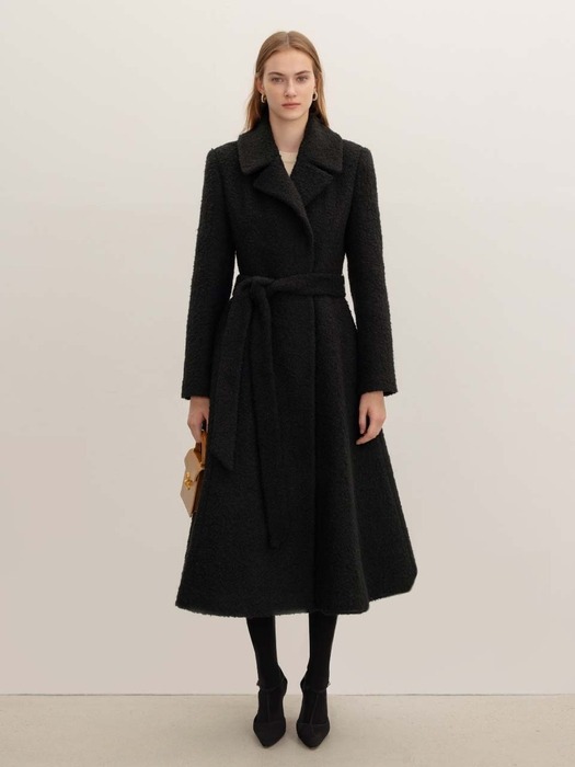 HARMONY Belted flared boucle long coat (Black)