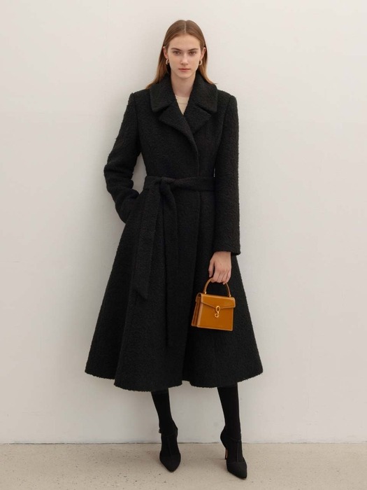 HARMONY Belted flared boucle long coat (Black)