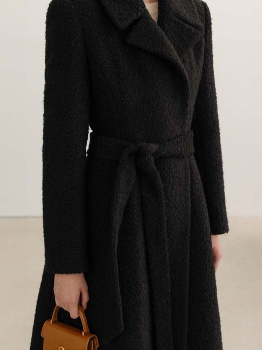 HARMONY Belted flared boucle long coat (Black)