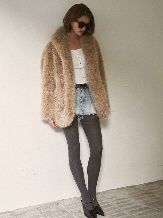 HAIRY SHAWL COLLAR  FUR COAT_ BEIGE