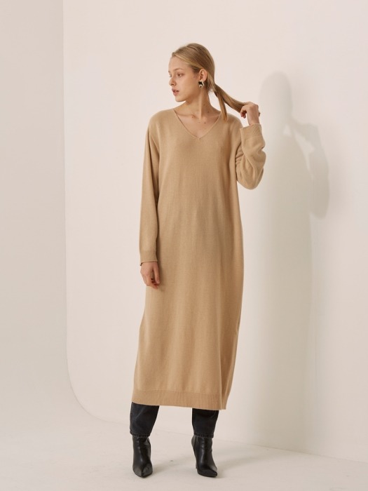 cashmere v-neck long dress_beige