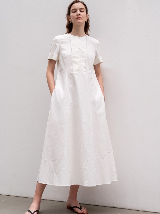 [ESSENTIAL]Square Line Dress White