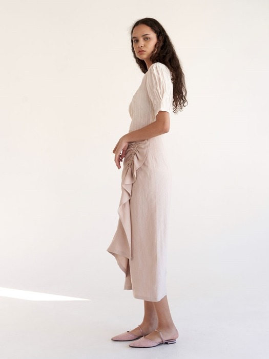 Linen Shirring Skirt - Beige