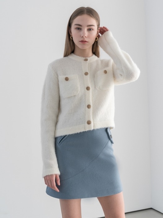 Fake pocket cutting line wool skirt in skyblue