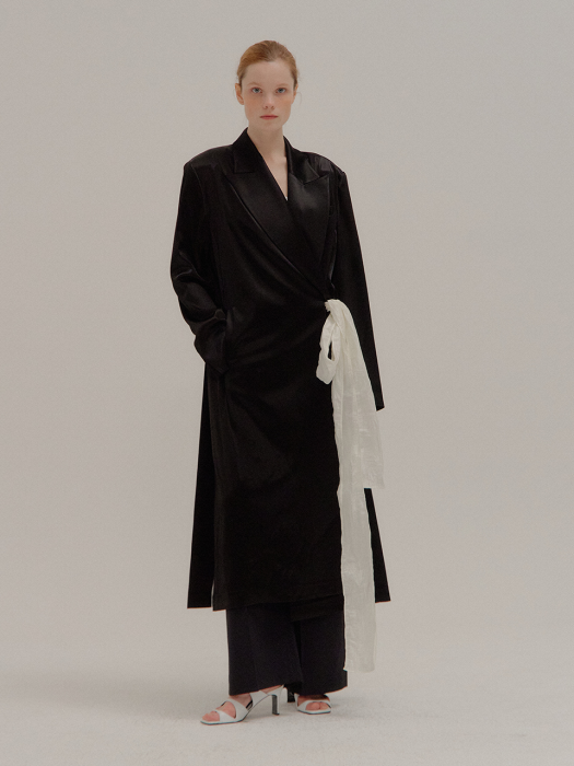 PELLY Tie-front Belted Wrap Black Coat