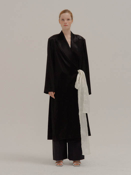 PELLY Tie-front Belted Wrap Black Coat